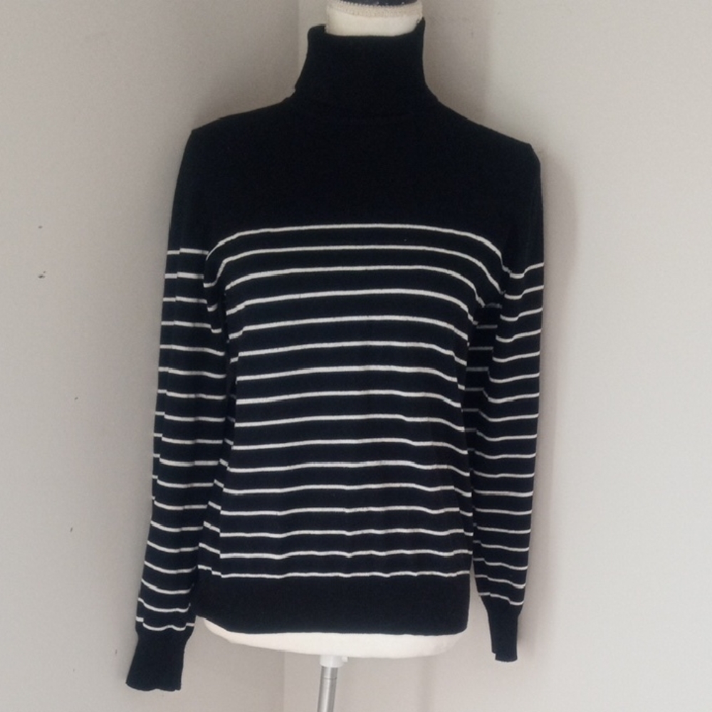 Madison Grey Black and White Striped Cowl Neck Sweater Size L